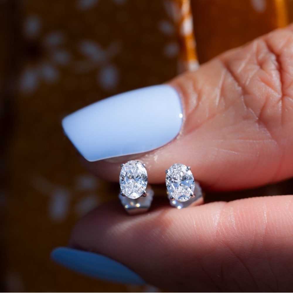 14K White Gold 1 Carat Oval Lab-Created Diamond 4-Prong Pushback Stud Earrings